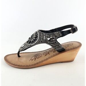 Naughty Monkey Womens Size 6.5 Black Leather Embellished Wedge Sandals Shoes